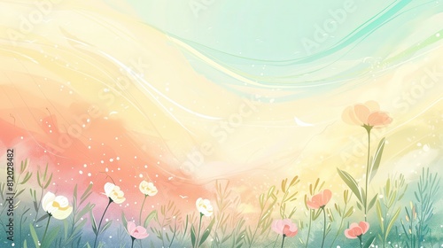 Malowidło przedstawiające kwiaty i trawę na tle nieba, w delikatnej grze wiatru, przenoszącej zapach kwiatów