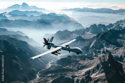 A drone patrolling a rugged mountain range scanning for hidden threats in the vast terrain