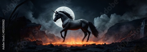 A black unicorn is standing in front of a large, glowing moon