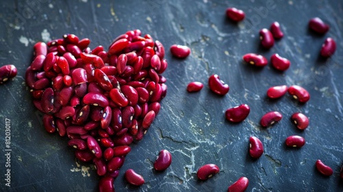 Red kidney bean seeds arranged in a heart shape, representing health