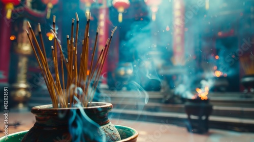 Soft focus image of aromatic incense sticks in a temple