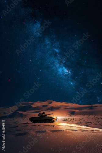 An Military tank M1 Abrams navigating its way through treacherous sand dunes under a starry desert night sky Its headlights cut through the darkness
