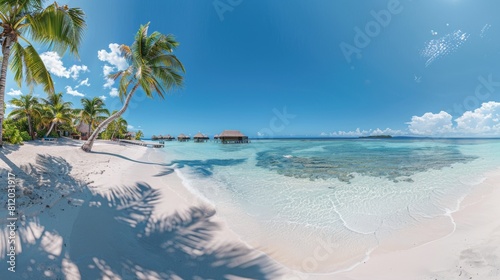 An ultra-wide panorama of a tropical paradise, showcasing a white-sand beach, a turquoise lagoon, palm trees swaying in the breeze