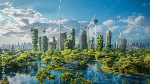 Green sustainable city powered by wind turbines and solar panels environment