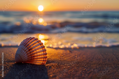 Close-up of a seashell resting on the sand, with gentle waves lapping in the background and a vibrant sunset on the horizon