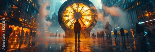 Man contemplating time’s passage by city clock amidst urban rush