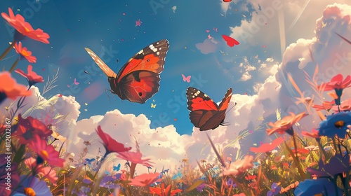 Dwaj motyle unoszą się w powietrzu nad polem pełnym kolorowych kwiatów. Zapewne szukają nektaru do zbierania, poruszając swoimi delikatnymi skrzydełkami