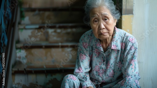 An elderly Asian woman is grappling with a pounding headache possibly stemming from a brain tumor or cancer Overwhelmed by dizziness and a strong inclination to stumble she seeks solace by s