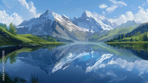 Malarskie przedstawienie górskiego masywu z jeziorem na pierwszym planie, gdzie spokojna tafla wody odbija otaczające góry. Obraz emanuje spokojem i harmonią natury