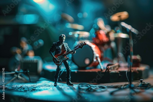 A close up of a toy guitar player on a stage. Ideal for music-themed designs