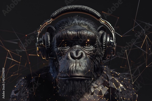 A gorilla wearing headphones in front of a dark backdrop. Suitable for music and entertainment concepts