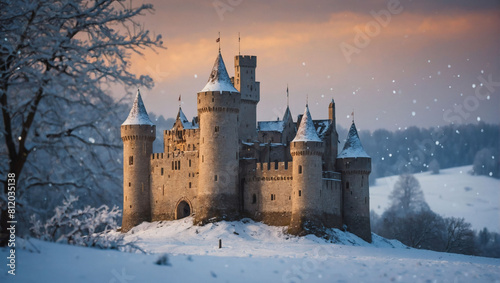 Whimsical Winter Stronghold, Castle Rising from Snowy Landscape of Magic