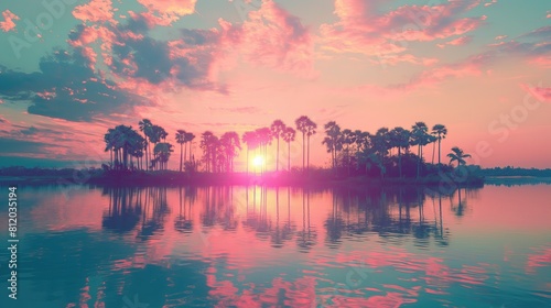 Zachód słońca w pastelowych kolorach nad spokojnym jeziorem, z palmami na pierwszym planie