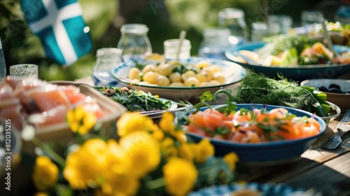 At an outdoor setting the Swedish midsummer solstice celebration featured a vibrant table adorned with a delectable spread a delightful salad comprising smoked salmon freshly boiled new pot