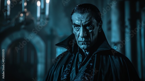 Dracula vampire character in a dark cape, sinister expression, perfect for horror film promotions and themed events