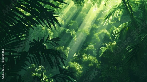 Obraz przedstawia gęsty zielony las, wypełniony wieloma drzewami. Słońce przenika przez gęstą zieloną roślinność, tworząc efektowną grę świateł i cieni