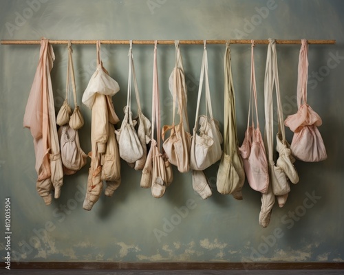 Used ballet slippers hanging in a dance studio, their worn fabric and faded ribbons evoking years of training and passion