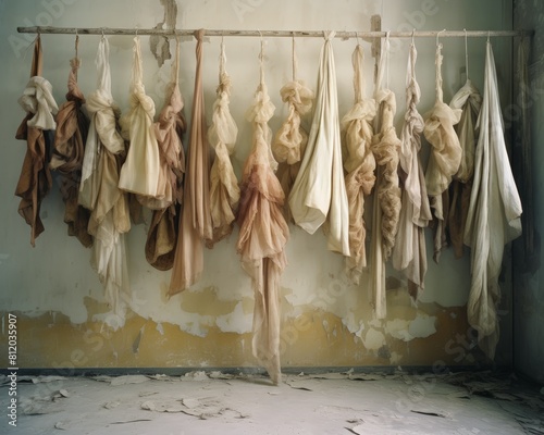 Used ballet slippers hanging in a dance studio, their worn fabric and faded ribbons evoking years of training and passion