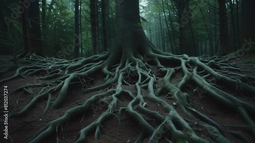 W lesie znajduje się duże drzewo, którego korzenie zostały odsłonięte. Korzenie są widoczne wywijające się na powierzchni ziemi w gęstym lesie