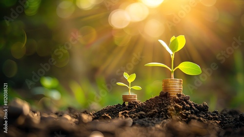 business, financial and hero concept with coins stack growing up on the soil ground in nature's green background with sunlight in a bokeh blur, moneyorigmatic growth idea plant tree together for a bra