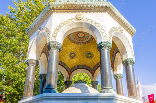 The gazebo-style German fountain in neo-Byzantine style in Sultanahmet Square (Hippodrome) in Istanbul, Turkey.