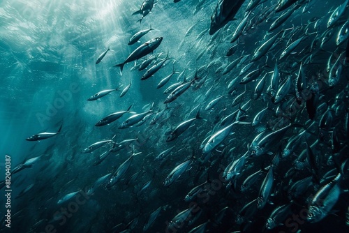 A large school of sardines swimming in a deep blue ocean