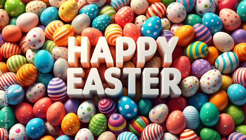 The phrase 'HAPPY EASTER' in bold, 3D white letters, set against a backdrop of tightly packed