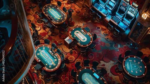 An overhead view of a casino floor showing the layout of gaming tables and machines