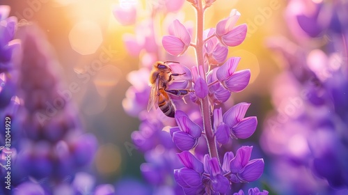 Pszczoła siedzi na jasnofioletowej kwiat, zbierając nektar i zapylając roślinę w ogrodzie