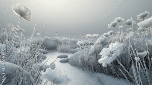 winter garden scene with frost-covered flowers. The textures flow like frozen streams, adding a crystalline quality to the landscape under a gray, overcast sky. 