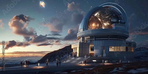 futuristic planetarium with a dome on top, steel facade
