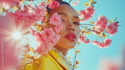 Kobieta ubrana w żółte kimono stoi obok różowych kwiatów, które dodają koloru i piękna krajobrazowi natury