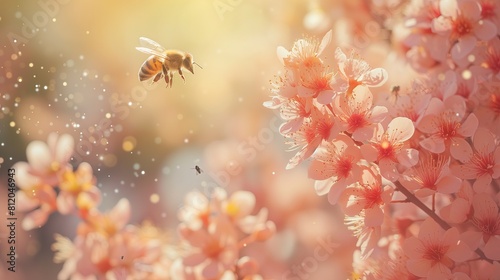 Pszczoła lata nad różowymi kwiatami, zbierając nektar. Kwiaty są pełne pyłku i otwarte na słońce