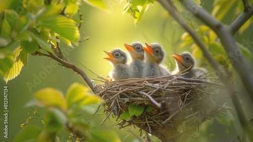 Grupa ptaków siedzi na gnieździe umieszczonym na szczycie drzewa. Ptaki skupiają się na pielęgnowaniu gniazda i komunikują się między sobą za pomocą śpiewu i krzyków