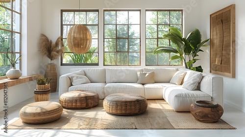 Modern Living Room In A Coastal-inspired Home, With Breezy White Walls, Rattan Furniture