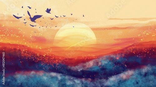 Malarstwo przedstawia zachód słońca z ptakami latającymi na tle nieba. Ptaki tworzą ruchome akcenty na tle kolorowego nieba
