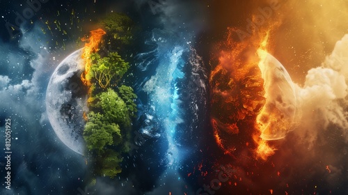 Matter. The five fundamental elements of nature: Water, Fire, Earth, Space and Creation. Natural elements. Abstract image.