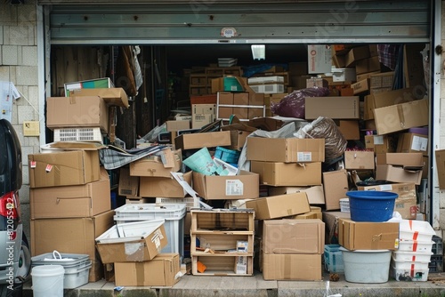 Packed Boxes: A Messy Pile of Plastic Containers and Boxes in a Storage Unit