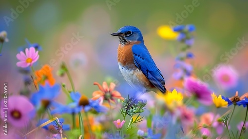 Eastern bluebird sialia sialis male bird perching in a wildflower field