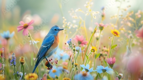 Eastern bluebird sialia sialis male bird perching in a wildflower field