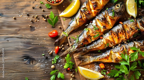 Fried fishes with addition of herbs spices and lemon slices on a wooden background Seafood sardines