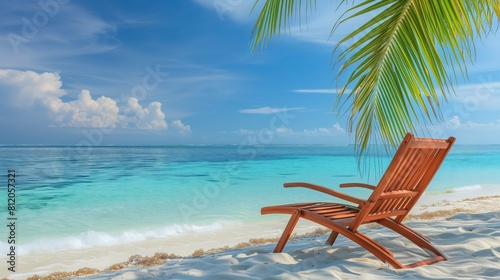 Na obrazie widzimy drewniane krzesło usytuowane na piaszczystej plaży. Krzesło stoi samotnie, na tle błękitnego nieba i morza. Jest to idealne miejsce do relaksu i odpoczynku