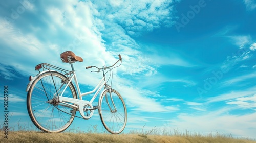 Biały rower jest zaparkowany na szczytowym polu z pokrytym trawą, na tle nieba