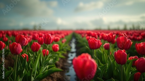 W polu rozciągają się czerwone tulipany, a niebo jest zachmurzone. Na pierwszym planie kwiaty tulipanów, które łączą się z horyzontem