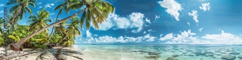 Ocean Beach Palm Tree. Panoramic View of Fakarava Atoll's Tropical Coastline in French Polynesia