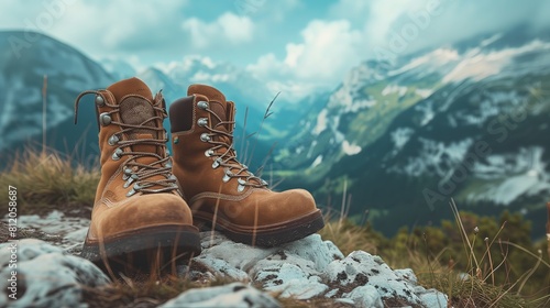 Para brązowych butów leży na szczycie góry wśród dzikiej przyrody. Buty wyglądają na używane i sprawdzone w trudnych warunkach terenowych