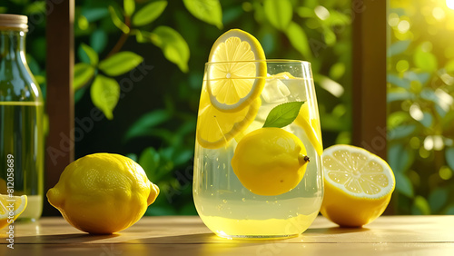 Lovely summer beverage for losing fat in a glass container with a striking yellow setting that consists a lemon water liquid detox and space