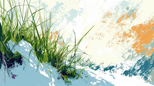 Malarstwo przedstawia trawę, która przebija się przez śnieg. Wyraziste kolory i kontrast dają surrealne wrażenie
