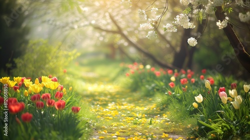 Ścieżka biegnąca przez pole pełne kolorowych kwiatów w jasne, słoneczne poranki wiosny
