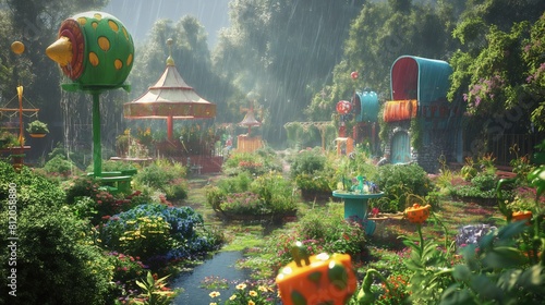 A childrena??s garden with whimsical plantings and playful structures, the entire scene drenched by a summer rain, bringing a fresh, lively look to the colorful, imaginative space. 